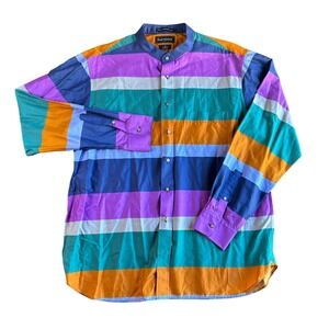 Paul Fredrick XL Classic Fit Multi Stripe Band Collar Long Sleeve Shirt